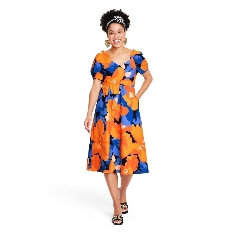 Tabitha Brown Floral Print Puff-Sleeve Tie-Back Midi Dress, Size 4